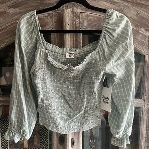 NWT Made With Love Sage Plaid Smock Square Neck Long Sleeve Crop Blouse
